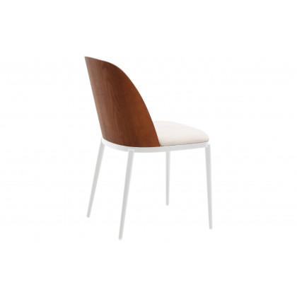 LeisureMod Tule Mid-Century Modern Dining Side Chair with White Powder-Coated Steel Frame - Walnut/Beige
