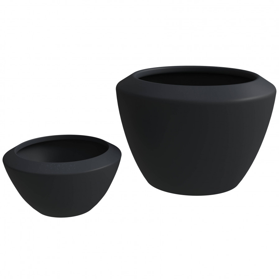 LeisureMod - Vessel Modern Round Planters Pot in Fiberstone and Clay (Set of 2) in Black
