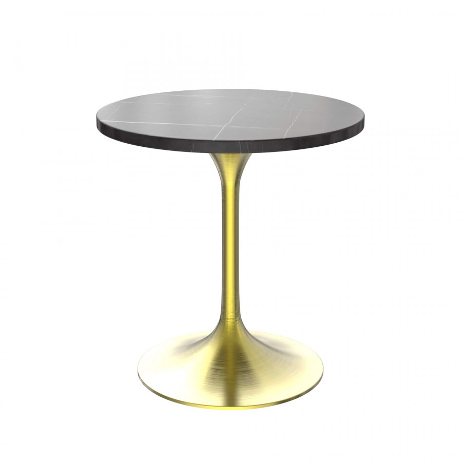 LeisureMod Verve Modern 27" Round Dining Table with Stone Top and Brushed Gold Pedestal Base - Black