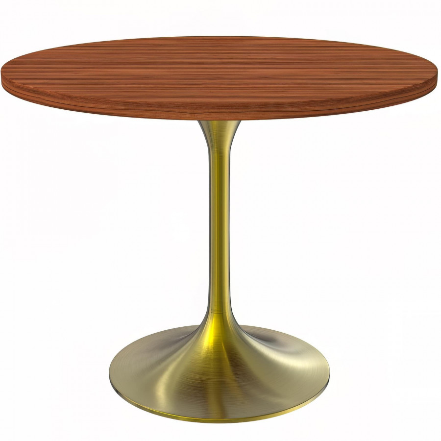 LeisureMod Verve Modern 36" Round Dining Table with MDF Top and Brushed Gold Pedestal Base - Cognac Brown
