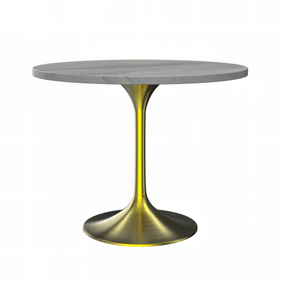 LeisureMod Verve Modern 36" Round Dining Table with Resin Top and Brushed Gold Steel Pedestal Base - White