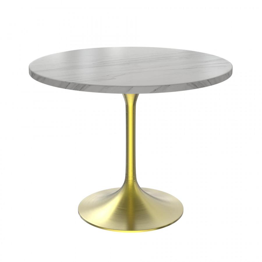 LeisureMod Verve Modern 36" Round Dining Table with Stone Top and Brushed Gold Pedestal Base - White