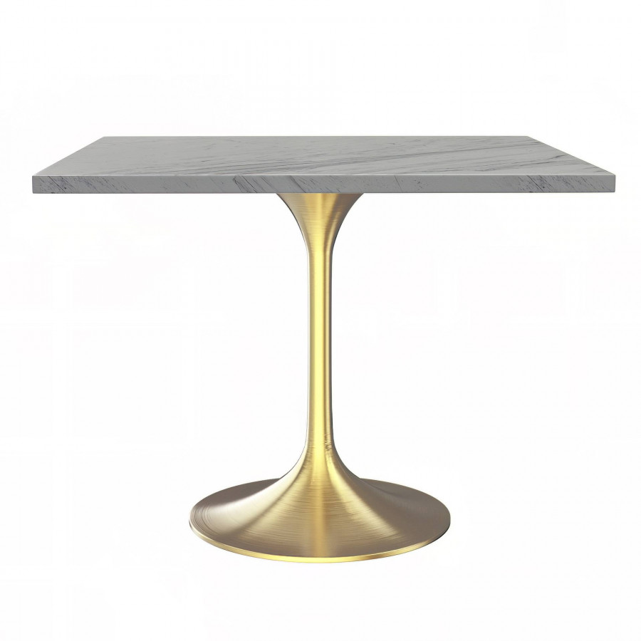 LeisureMod Verve Modern 36" Square Dining Table with Resin Top and Brushed Gold Steel Base - White