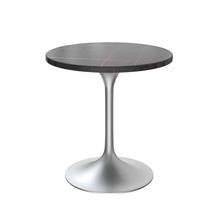 LeisureMod Verve Modern 27" Round Dining Table with Stone Top and Brushed Chrome Pedestal Base - Black
