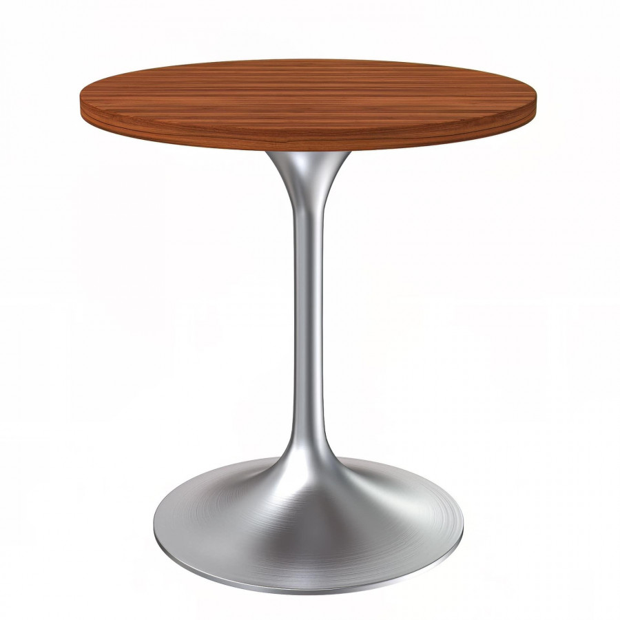 LeisureMod Verve Modern 27" Round Dining Table with MDF Top and Brushed Chrome Pedestal Base - Cognac Brown