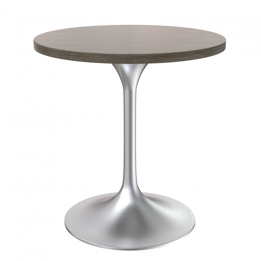 LeisureMod Verve Modern 27" Round Dining Table with MDF Top and Brushed Chrome Pedestal Base - Dark Maple