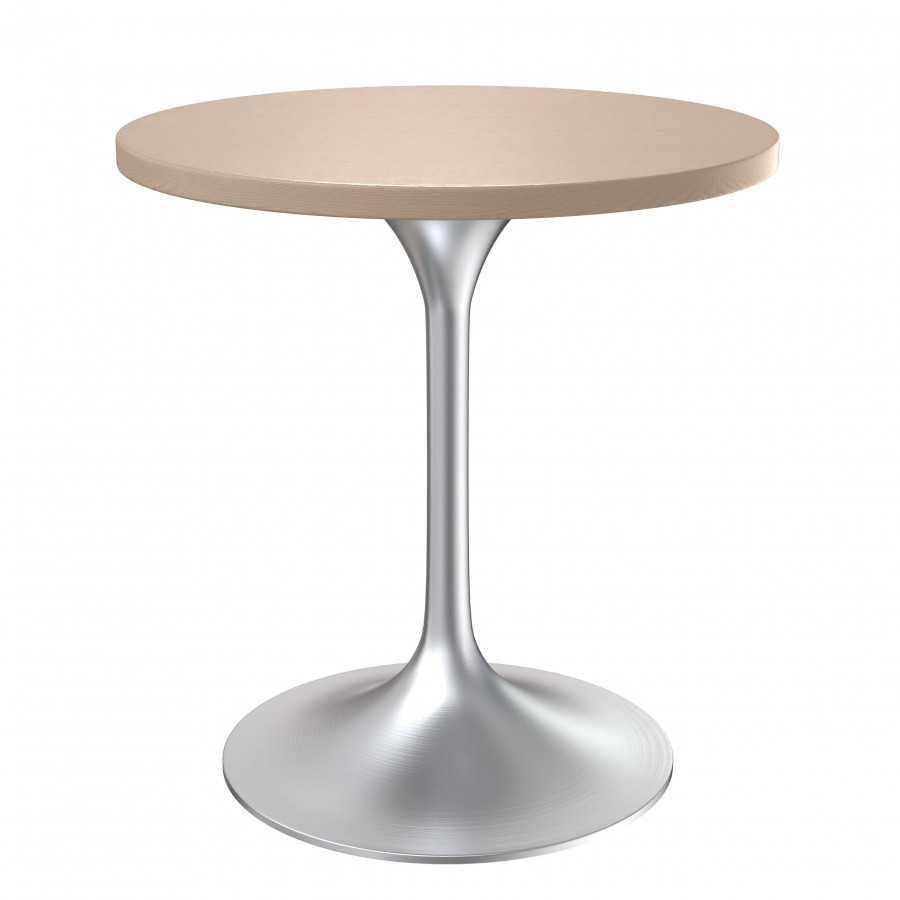 LeisureMod Verve Modern 27" Round Dining Table with MDF Top and Brushed Chrome Pedestal Base - Light Natural Wood