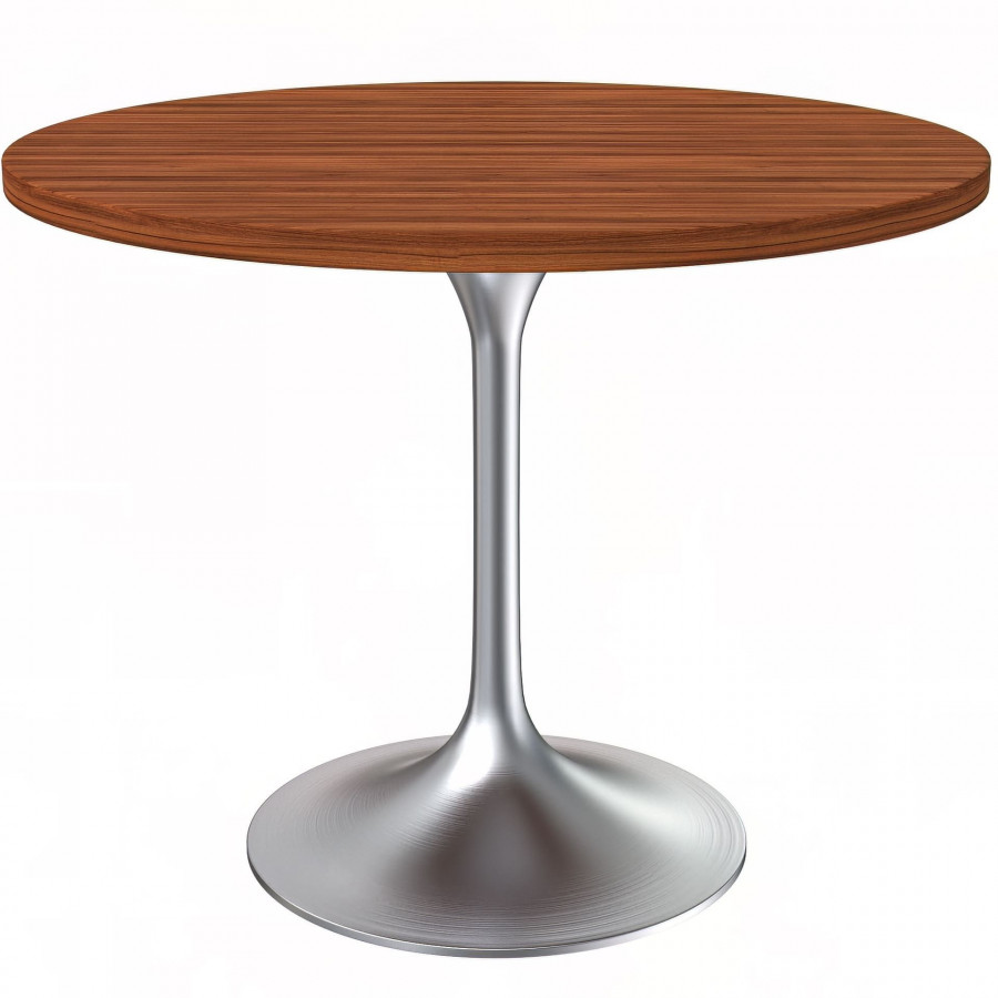 LeisureMod Verve Modern 36" Round Dining Table with MDF Top and Brushed Chrome Pedestal Base - Cognac Brown