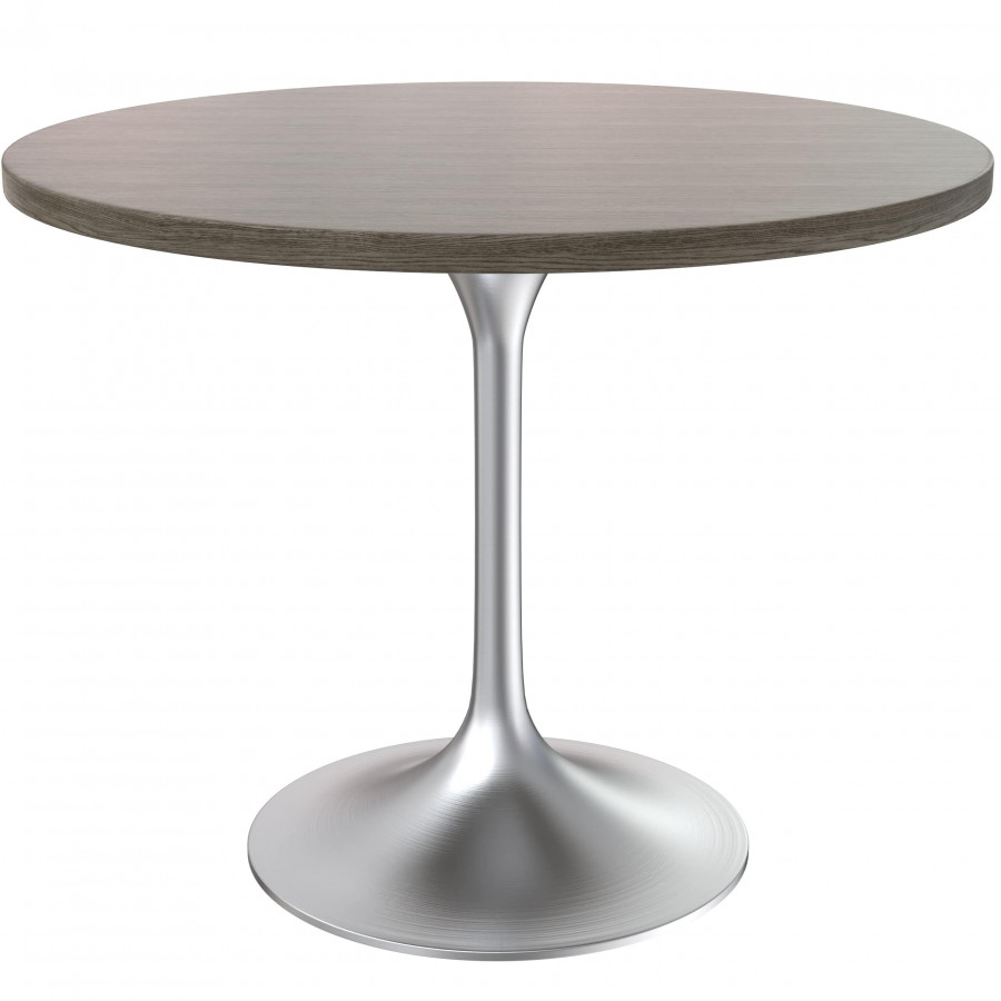 LeisureMod Verve Modern 36" Round Dining Table with MDF Top and Brushed Chrome Pedestal Base - Dark Maple