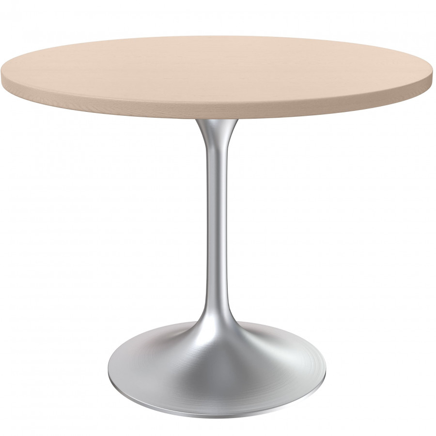 LeisureMod Verve Modern 36" Round Dining Table with MDF Top and Brushed Chrome Pedestal Base - Light Natural Wood