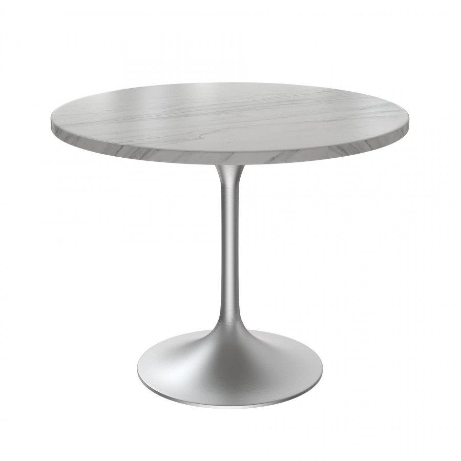 LeisureMod Verve Modern 36" Round Dining Table with Stone Top and Brushed Chrome Pedestal Base - White