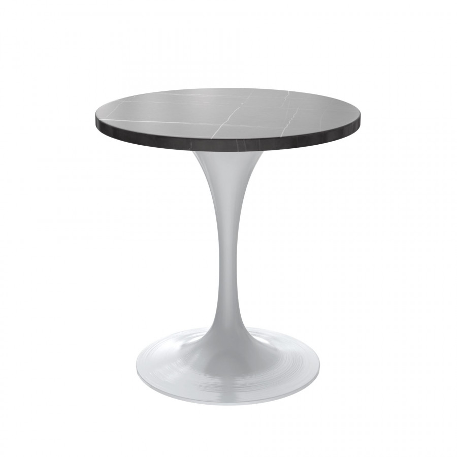 LeisureMod Verve Modern 27" Round Dining Table with Stone Top and White Steel Pedestal Base - Black