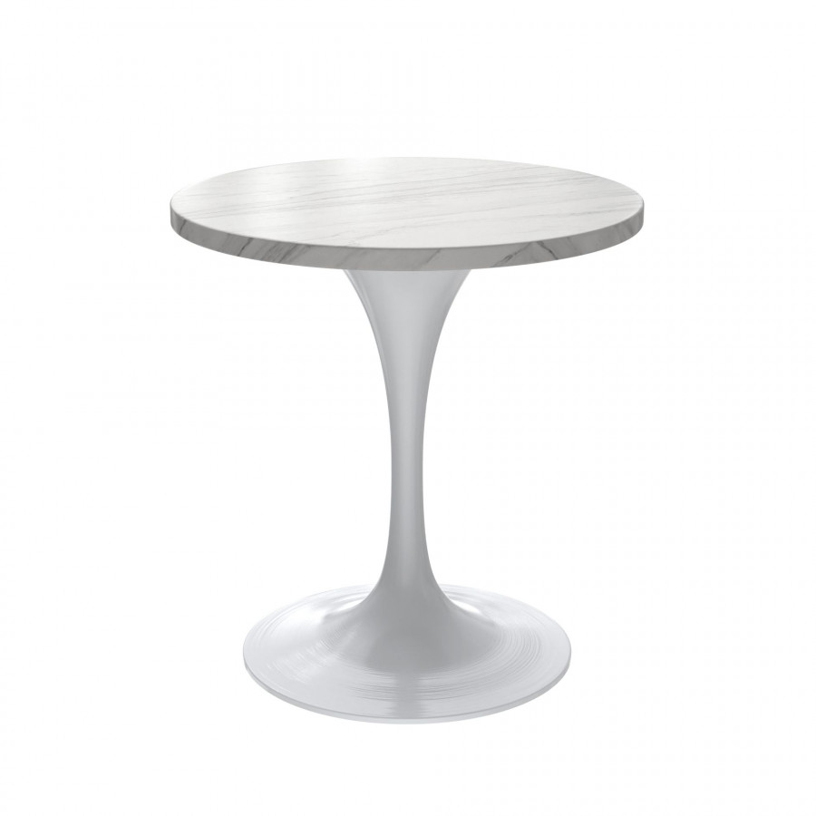 LeisureMod Verve Modern 27" Round Dining Table with Stone Top and White Steel Pedestal Base - White