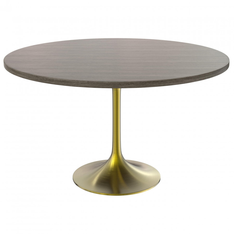 LeisureMod Verve Modern 48" Round Dining Table with MDF Top and Brushed Gold Pedestal Base - Dark Maple