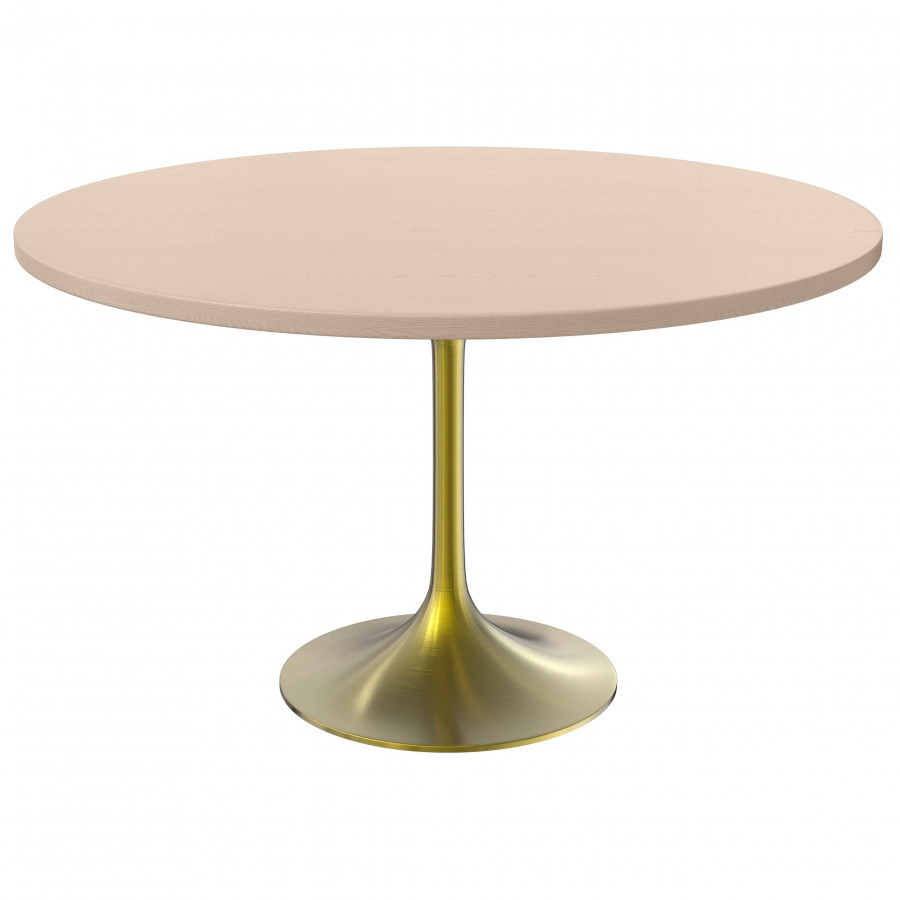 LeisureMod Verve Modern 48" Round Dining Table with MDF Top and Brushed Gold Pedestal Base - Light Natural Wood