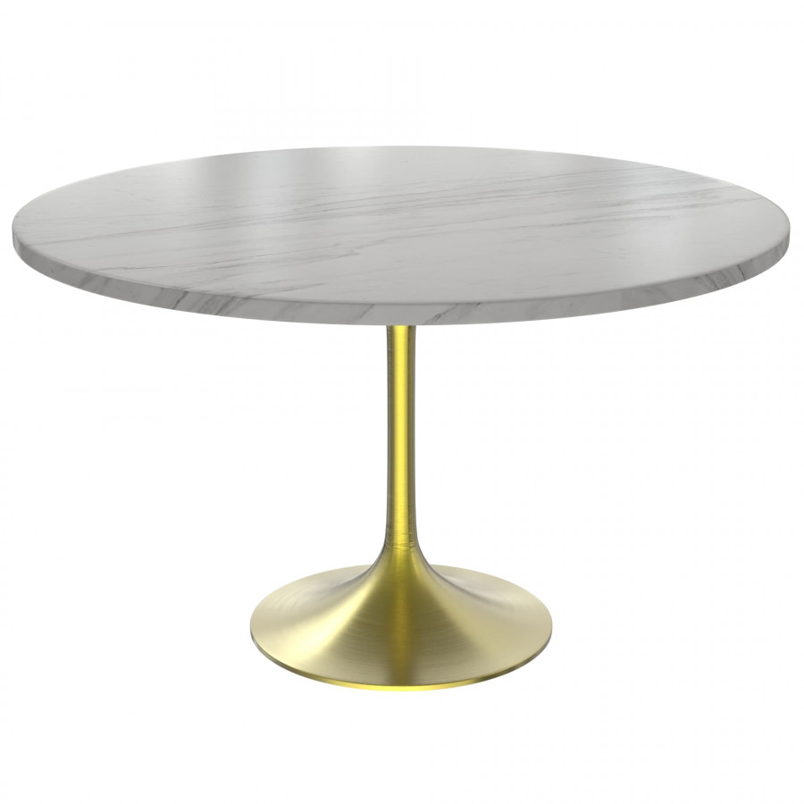 LeisureMod Verve Modern 48" Round Dining Table with Stone Top and Brushed Gold Pedestal Base - White