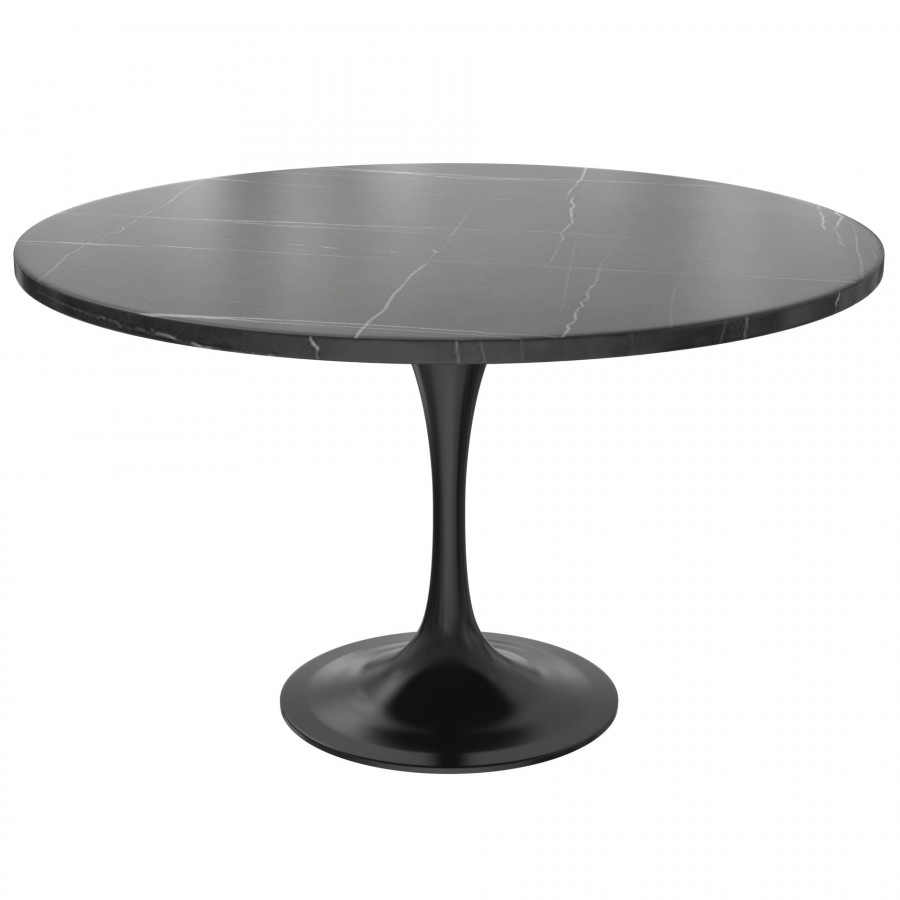 LeisureMod Verve Modern 48" Round Dining Table with Stone Top and Black Steel Pedestal Base - Black