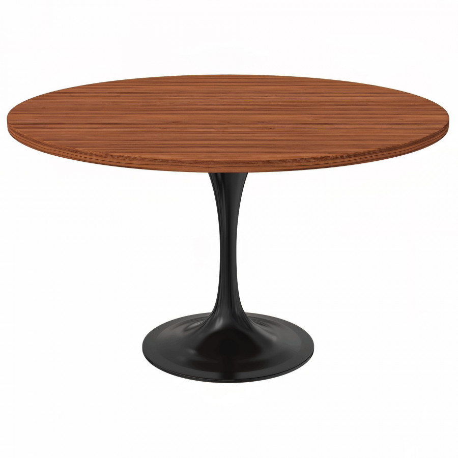 LeisureMod Verve Modern 48" Round Dining Table with MDF Top and Black Steel Pedestal Base - Cognac Brown