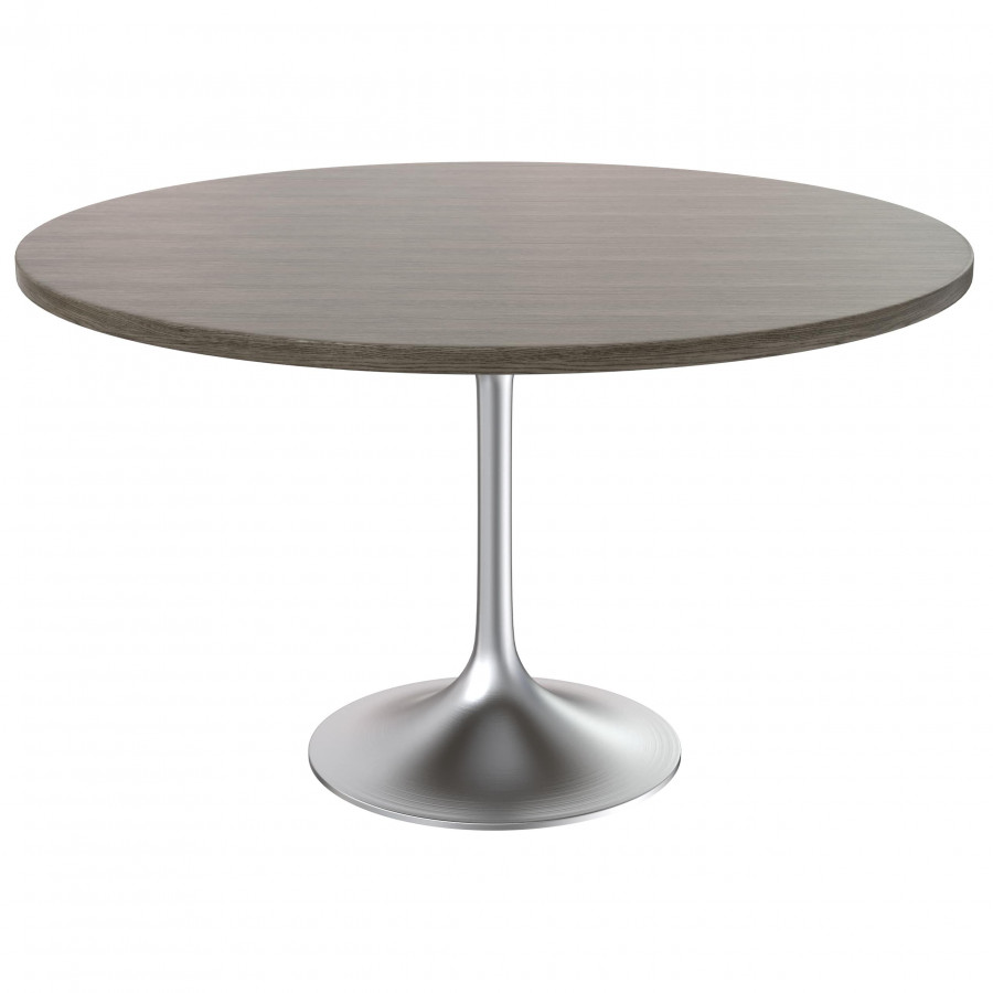 LeisureMod Verve Modern 48" Round Dining Table with MDF Top and Brushed Chrome Pedestal Base - Dark Maple