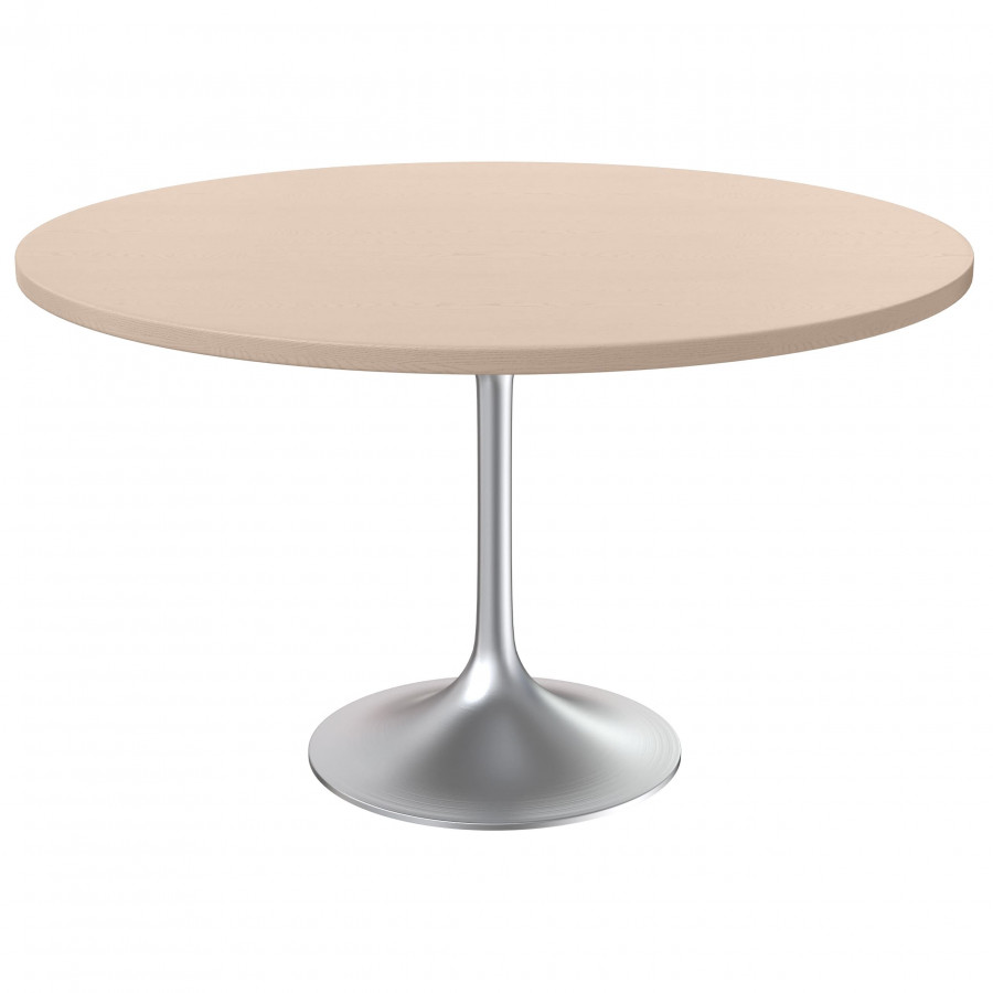 LeisureMod Verve Modern 48" Round Dining Table with MDF Top and Brushed Chrome Pedestal Base - Light Natural Wood