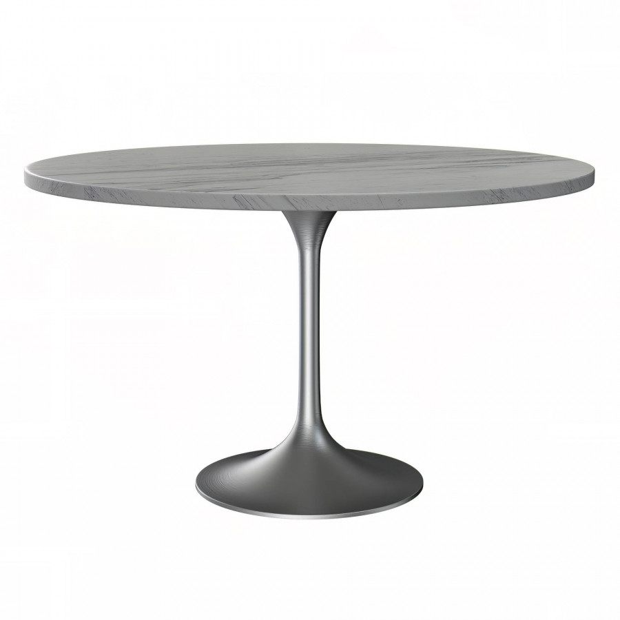 LeisureMod Verve Modern 48" Round Dining Table with Resin Top and Brushed Chrome Steel Pedestal Base - White