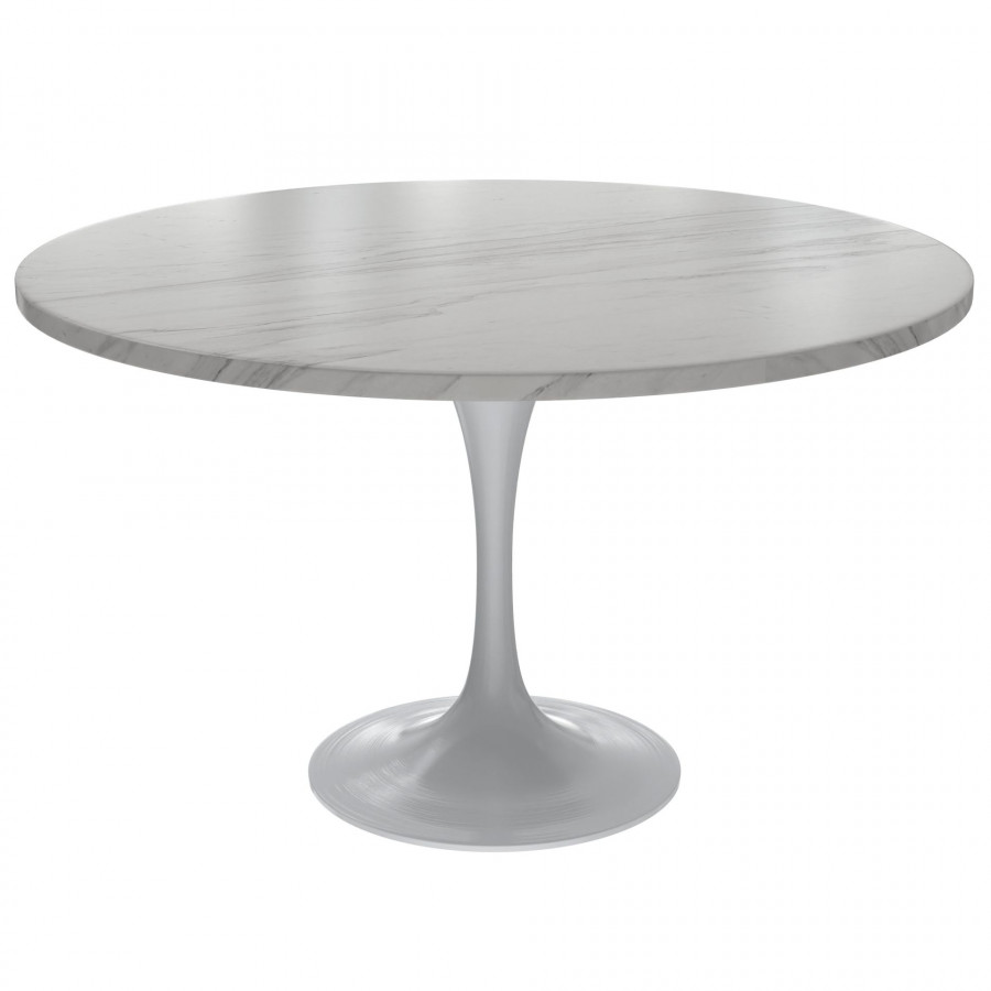 LeisureMod Verve Modern 48" Round Dining Table with Stone Top and White Steel Pedestal Base - White
