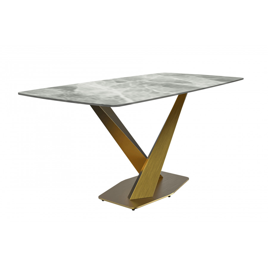 LeisureMod Voren Modern Dining Table with 55" Rectangular Sintered Stone Top and Gold Stainless Steel Base - Light Gray
