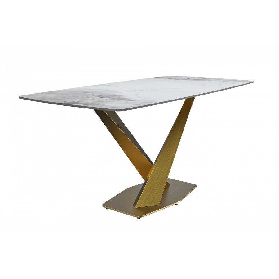 LeisureMod Voren Modern Dining Table with 55" Rectangular Sintered Stone Top and Gold Stainless Steel Base - Medium Gray