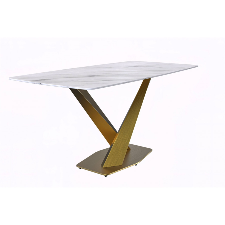LeisureMod Voren Modern Dining Table with 55" Rectangular Sintered Stone Top and Gold Stainless Steel Base - White