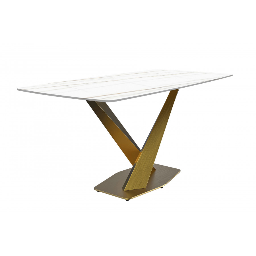 LeisureMod Voren Modern Dining Table with 55" Rectangular Sintered Stone Top and Gold Stainless Steel Base - White/Gold