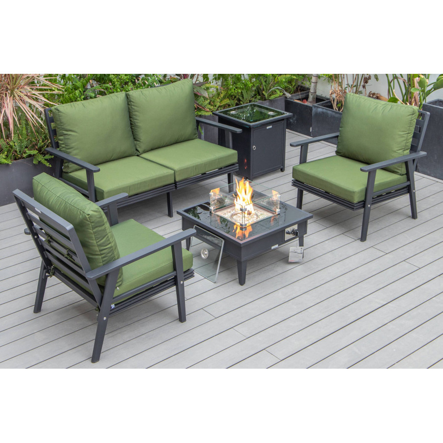 LeisureMod Walbrooke Modern Black Patio Conversation With Square Fire Pit & Tank Holder - Green