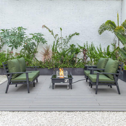 LeisureMod Walbrooke Modern Black Patio Conversation With Square Fire Pit & Tank Holder - Green