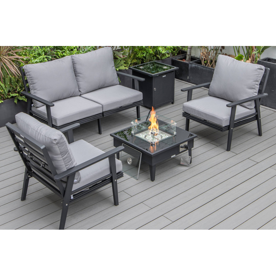LeisureMod Walbrooke Modern Black Patio Conversation With Square Fire Pit & Tank Holder - Gray