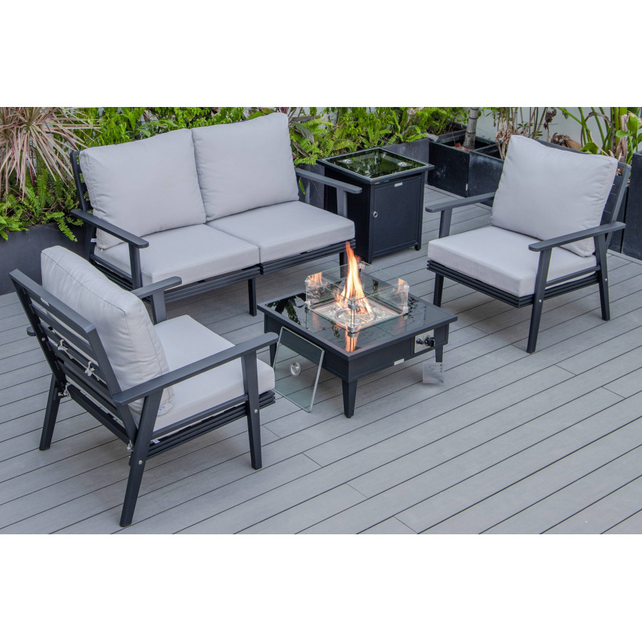 LeisureMod Walbrooke Modern Black Patio Conversation With Square Fire Pit & Tank Holder - Light Gray