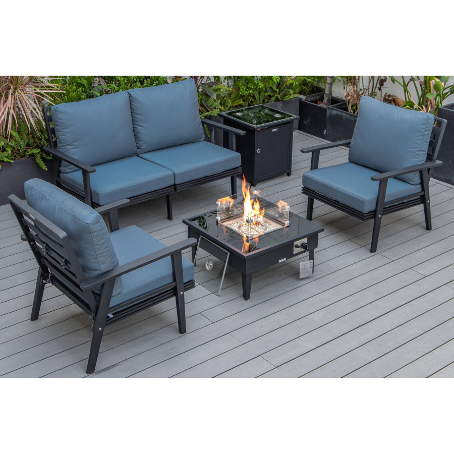 LeisureMod Walbrooke Modern Black Patio Conversation With Square Fire Pit & Tank Holder - Navy Blue