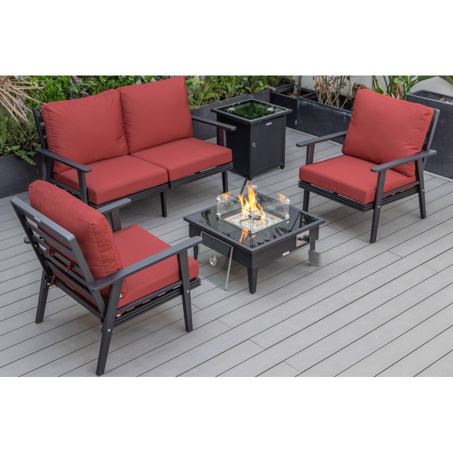 LeisureMod Walbrooke Modern Black Patio Conversation With Square Fire Pit & Tank Holder - Red