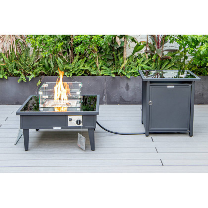 LeisureMod Walbrooke Modern Black Patio Conversation With Square Fire Pit & Tank Holder - Red