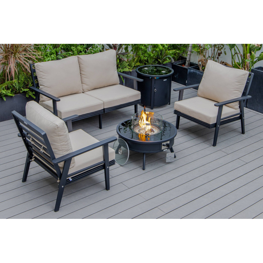 LeisureMod Walbrooke Modern Black Patio Conversation With Round Fire Pit & Tank Holder - Beige