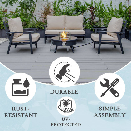 LeisureMod Walbrooke Modern Black Patio Conversation With Round Fire Pit & Tank Holder - Beige