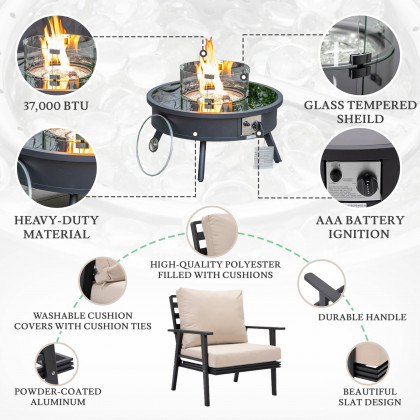 LeisureMod Walbrooke Modern Black Patio Conversation With Round Fire Pit & Tank Holder - Beige