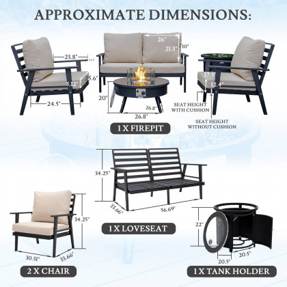 LeisureMod Walbrooke Modern Black Patio Conversation With Round Fire Pit & Tank Holder - Beige