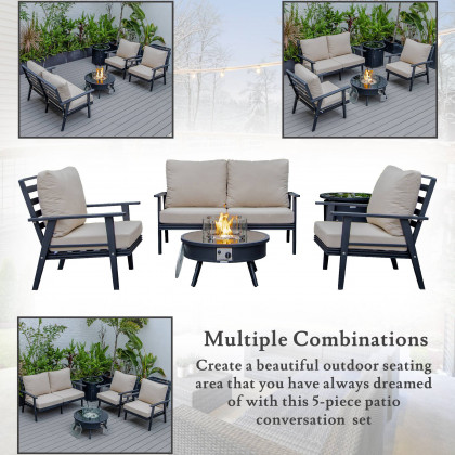 LeisureMod Walbrooke Modern Black Patio Conversation With Round Fire Pit & Tank Holder - Beige