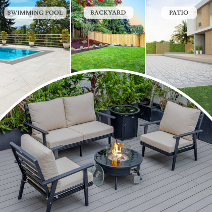 LeisureMod Walbrooke Modern Black Patio Conversation With Round Fire Pit & Tank Holder - Beige