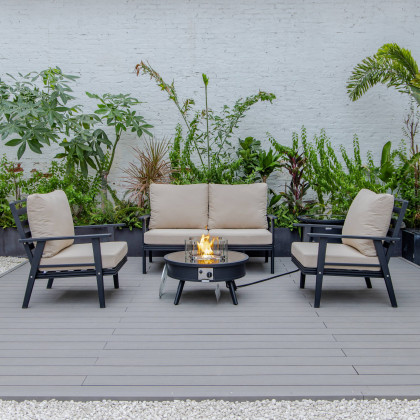 LeisureMod Walbrooke Modern Black Patio Conversation With Round Fire Pit & Tank Holder - Beige