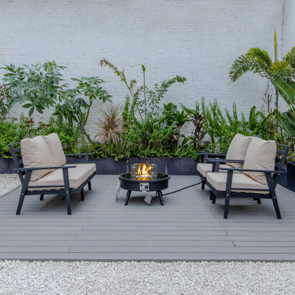 LeisureMod Walbrooke Modern Black Patio Conversation With Round Fire Pit & Tank Holder - Beige