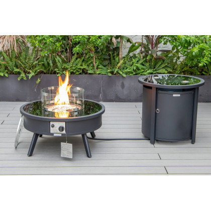 LeisureMod Walbrooke Modern Black Patio Conversation With Round Fire Pit & Tank Holder - Beige