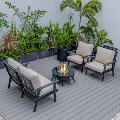 LeisureMod Walbrooke Modern Black Patio Conversation With Round Fire Pit & Tank Holder - Beige
