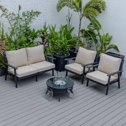 LeisureMod Walbrooke Modern Black Patio Conversation With Round Fire Pit & Tank Holder - Beige