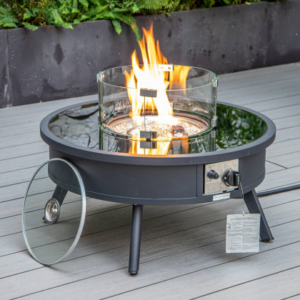 LeisureMod Walbrooke Modern Black Patio Conversation With Round Fire Pit & Tank Holder - Beige