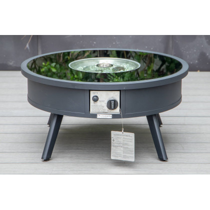 LeisureMod Walbrooke Modern Black Patio Conversation With Round Fire Pit & Tank Holder - Beige